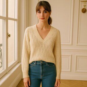 Bellerose Women's Oversized V Neck Sweater Cream Pointelle Knit Size S